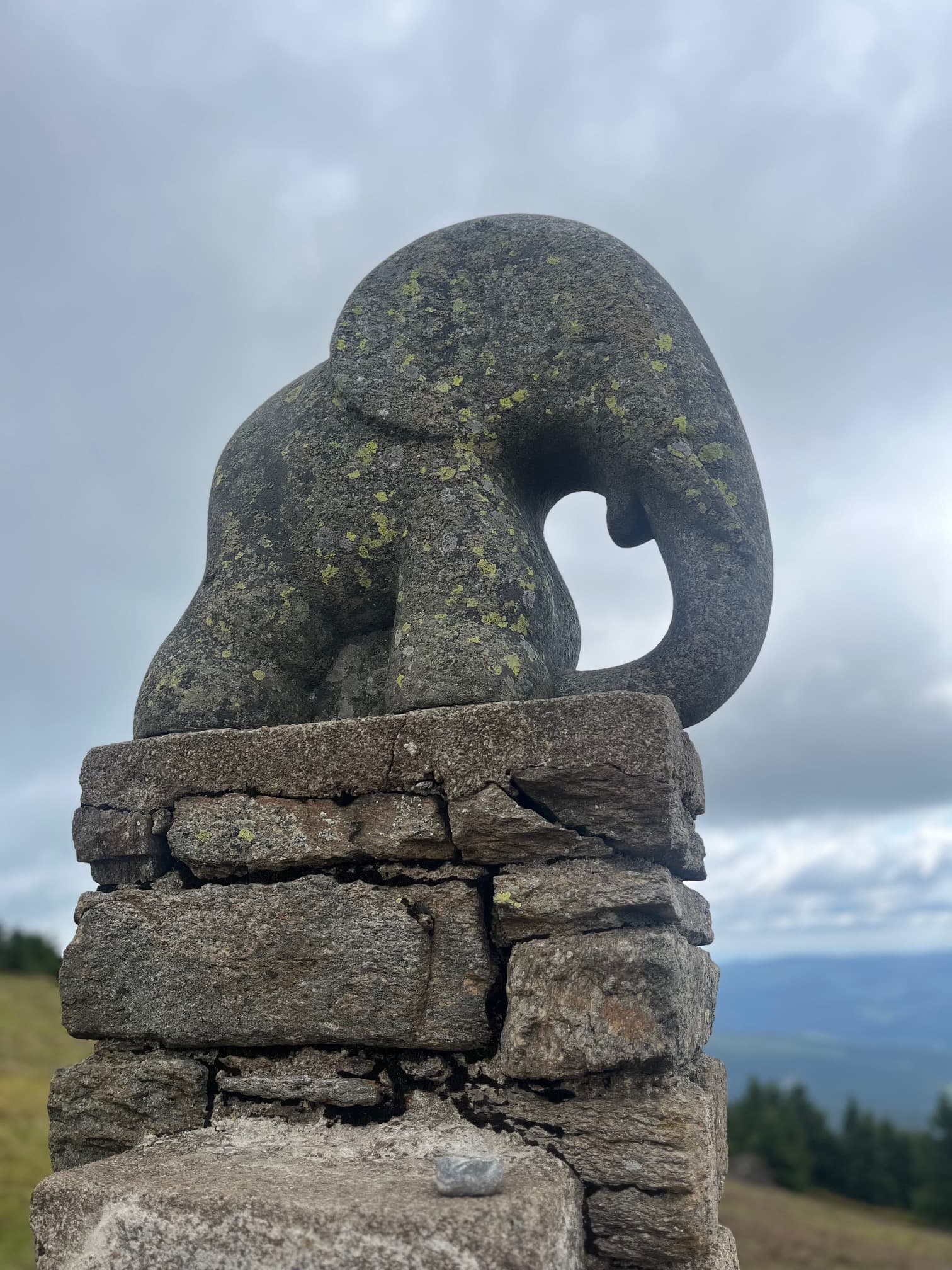 Kamienna rzeźba Słonia na kamiennym cokole w masywie Śnieżnika