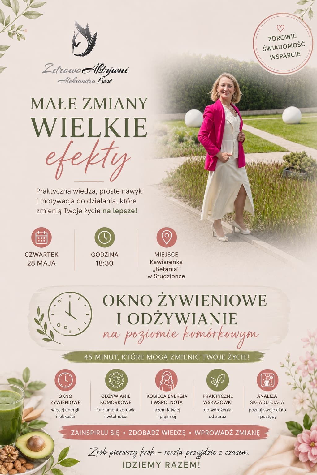 Plakat spotkania Akademii Zdrowia „Małe zmiany - wielkie efekty” w kawiarence Betania w Studzionce