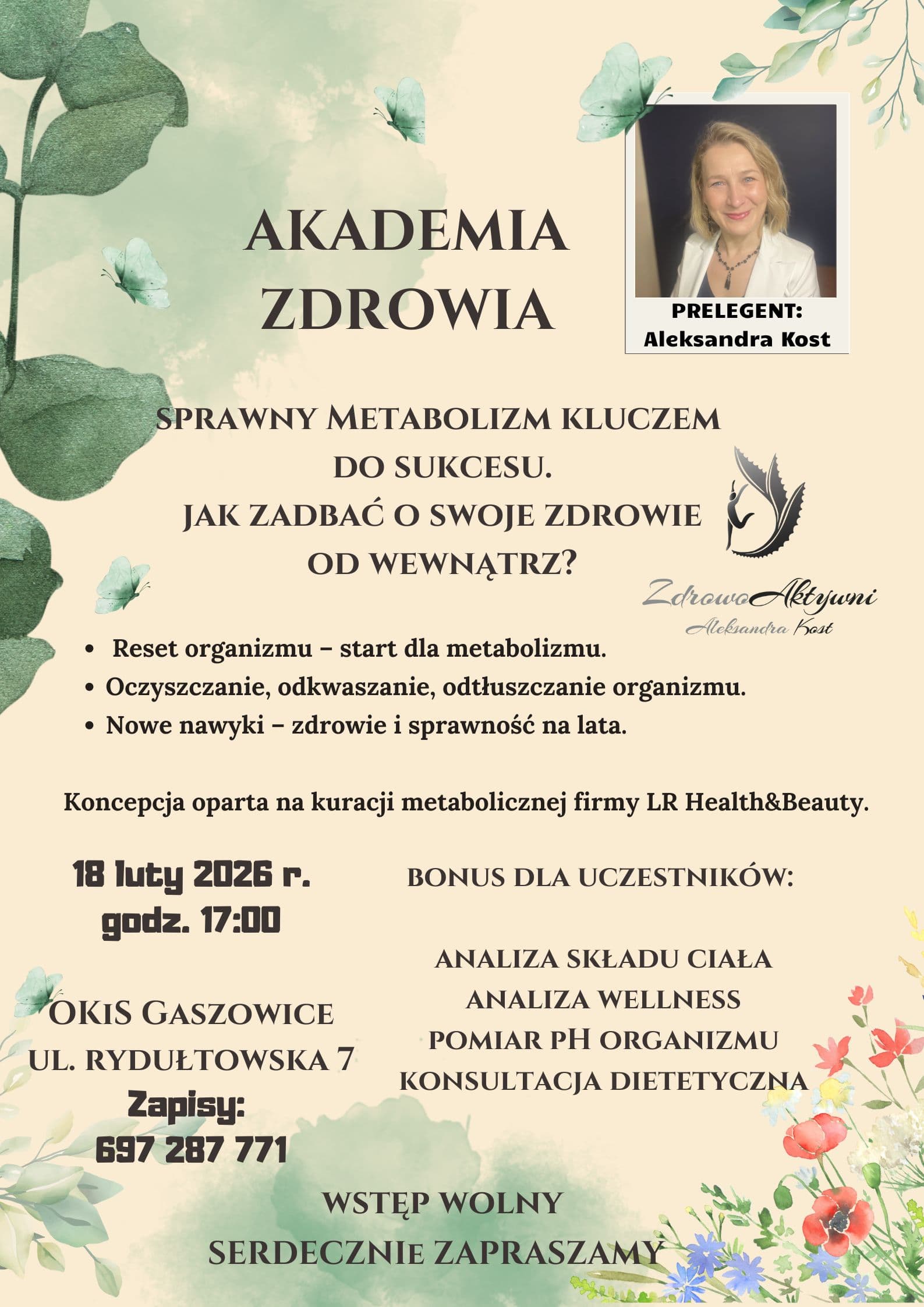 Plakat prelekcji Akademii Zdrowia „Sprawny metabolizm kluczem do sukcesu” w OKiS Gaszowice